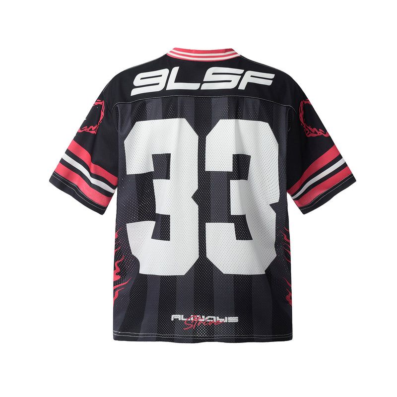 Black mesh football jersey with bold white 33 on the back, red striped sleeves, and 9LSF streetwear branding