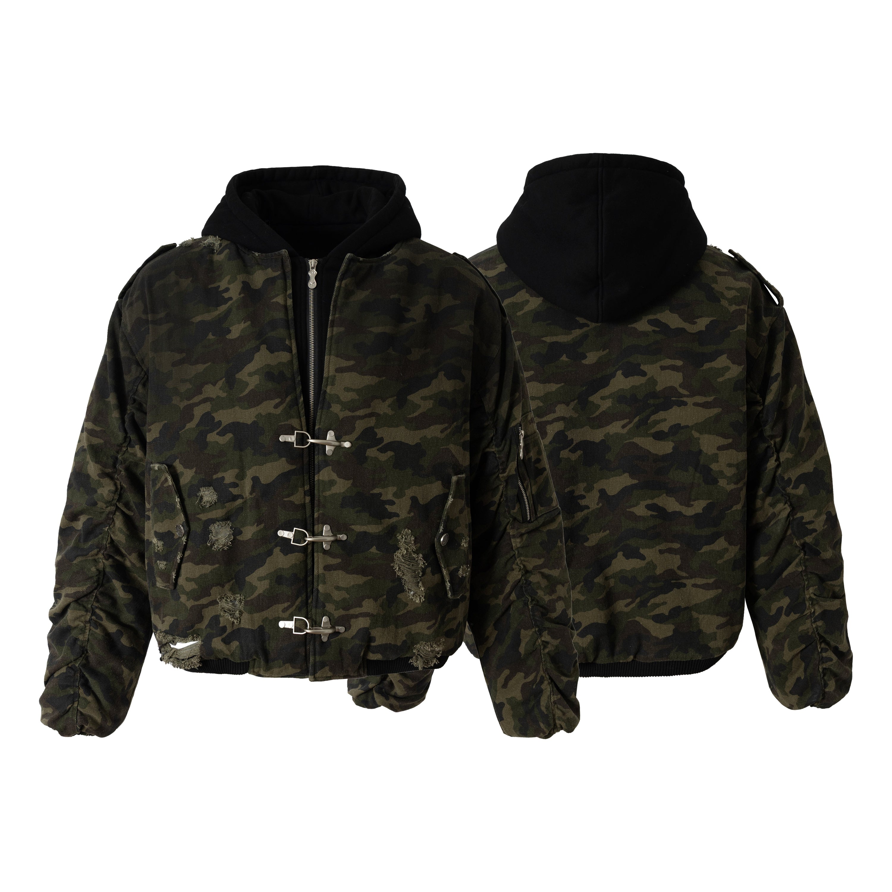 Front and back view of a cropped camouflage bomber jacket with black hood, metal hook closures, and distressed detailing