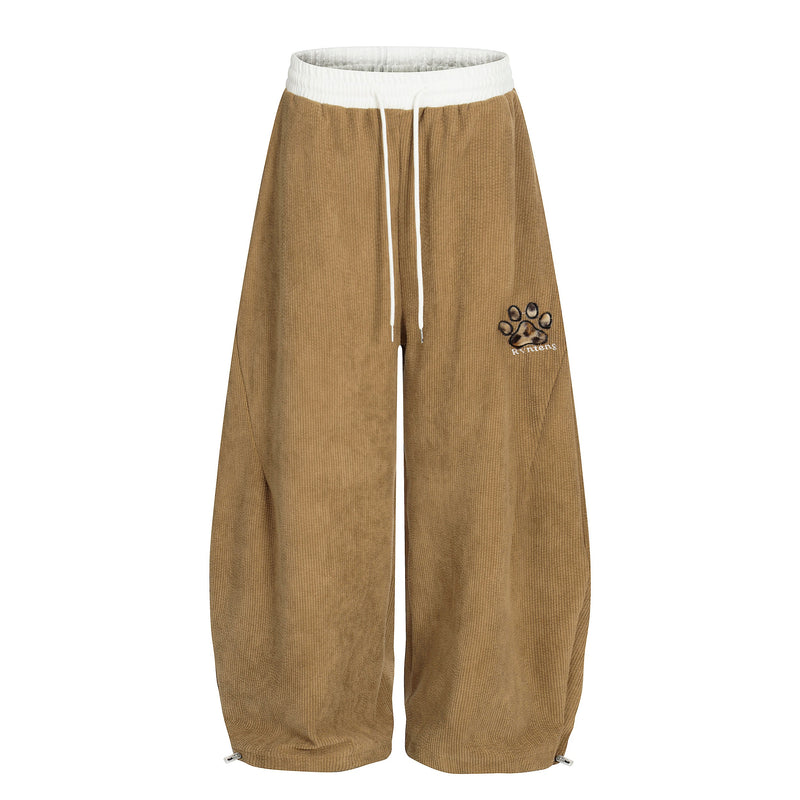 Corduroy Paw Embroidered Barrel-Leg Pants | Streetwear