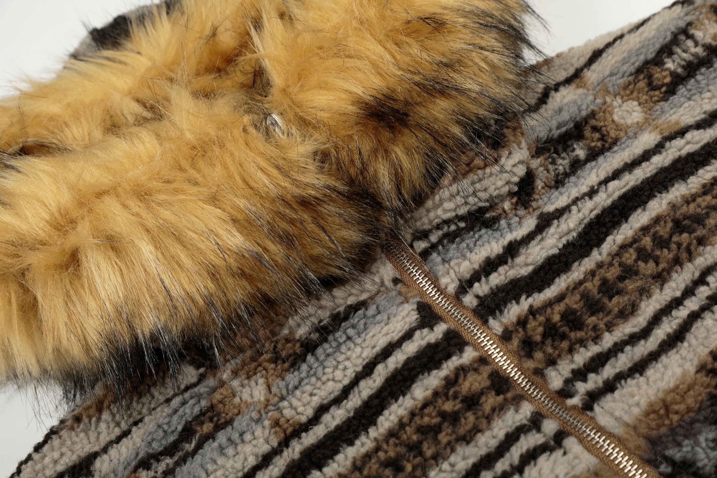 Nordic Faux Fur-Trim Hooded Zip Jacket | Ethnic Pattern