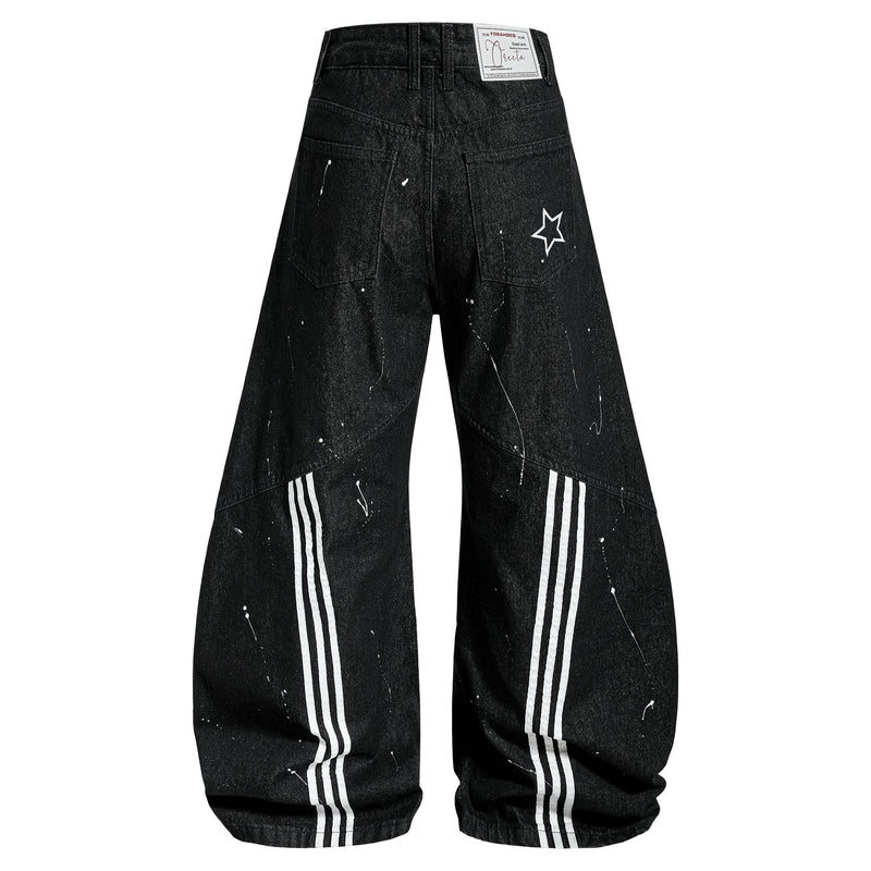 Back view of black wide-leg jeans with white triple side stripes and star patch