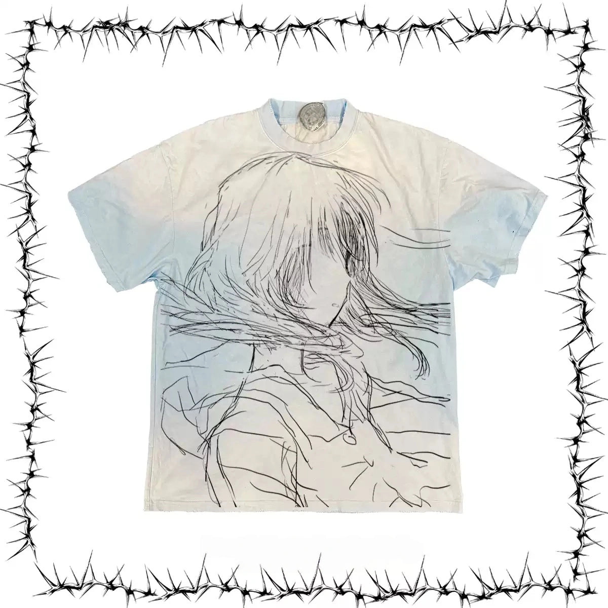 Anime Sketch Girl Allover Graphic Oversized T-Shirt in Sky Blue Vintage Wash