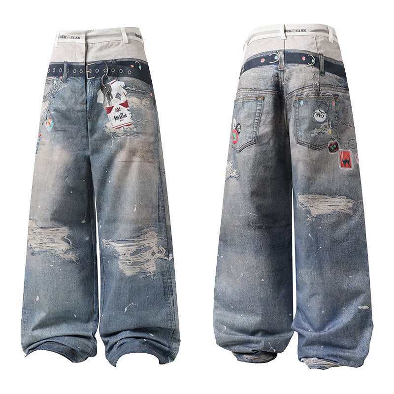 Front and back view of wide-leg distressed patchwork barrel jeans with paint splatters, belt detail, and Y2K patches