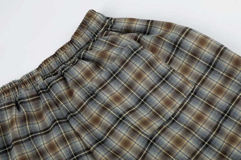Close-up of snap closure pocket on plaid lounge shorts