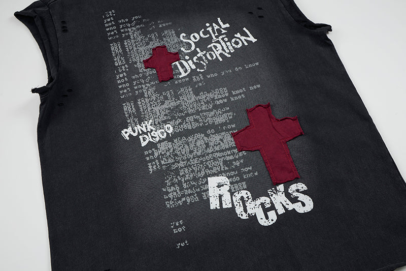 Black sleeveless distressed T-shirt with red cross patches and punk rock graphic print on the front