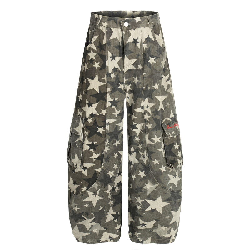Front view of star camo barrel-leg cargo pants with side flap pockets