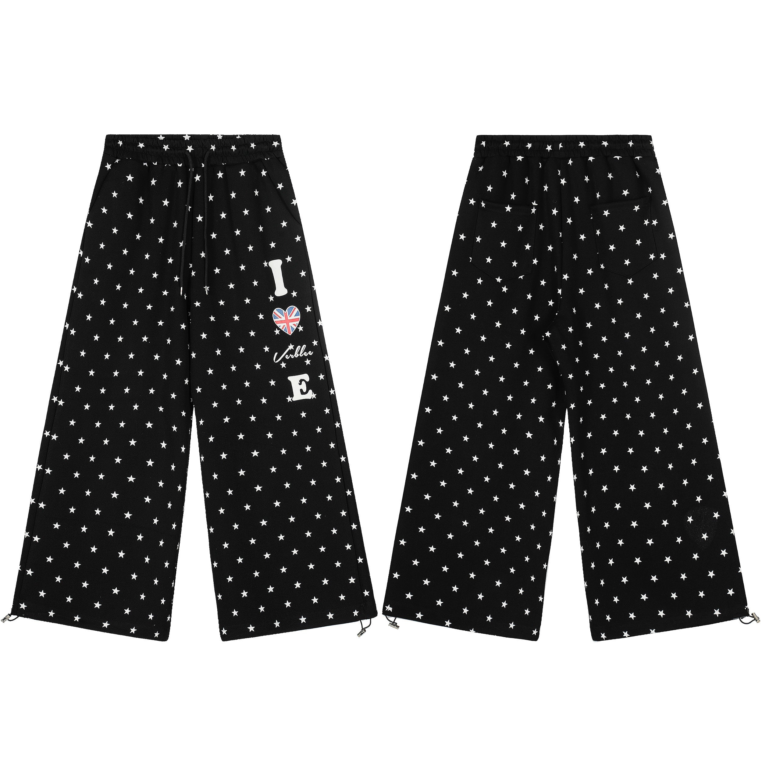 Black wide-leg sweatpants with all-over white star print and I love London graphic patch, front and back view