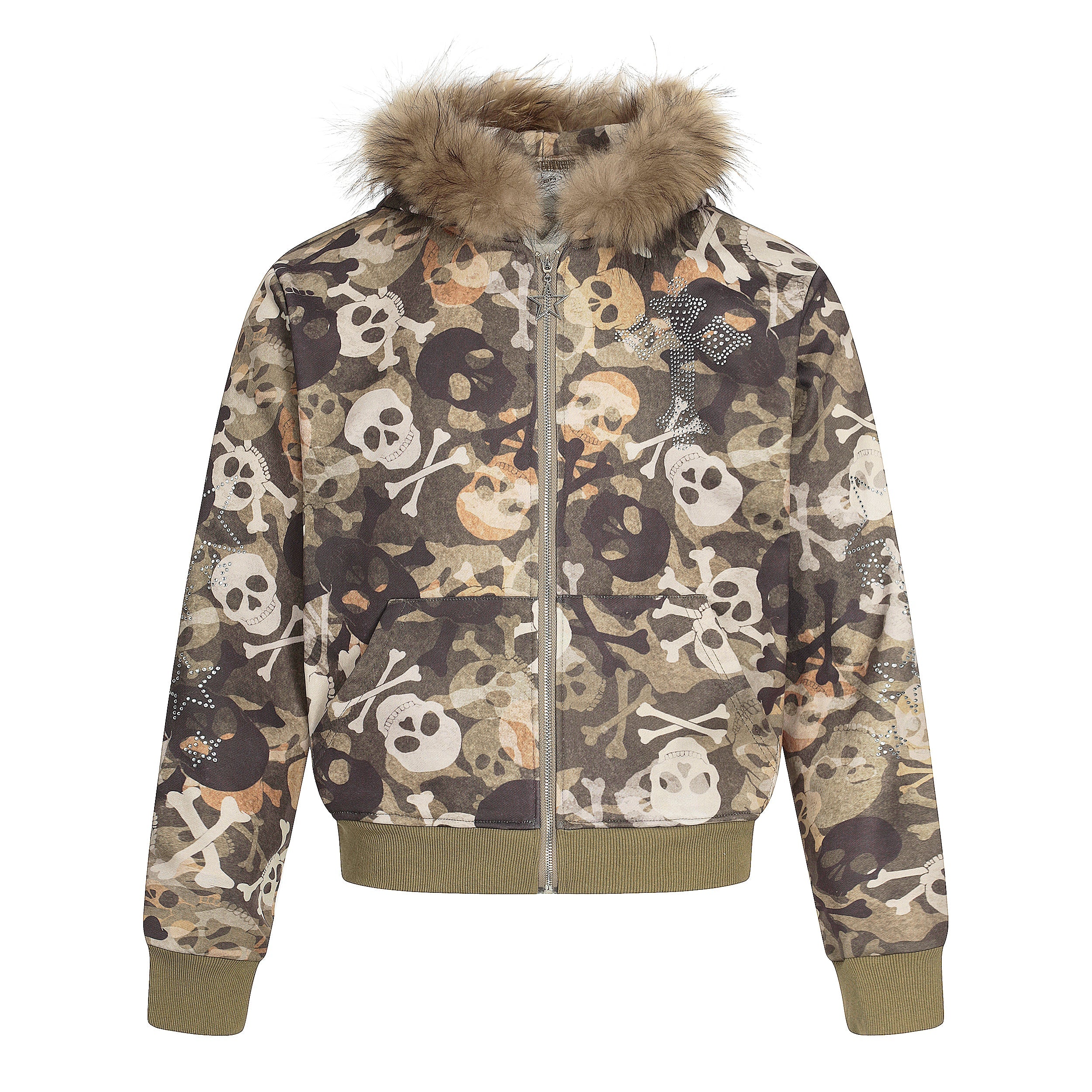Skull Camo Fur-Trim Hoodie Bomber Jacket | Omirad