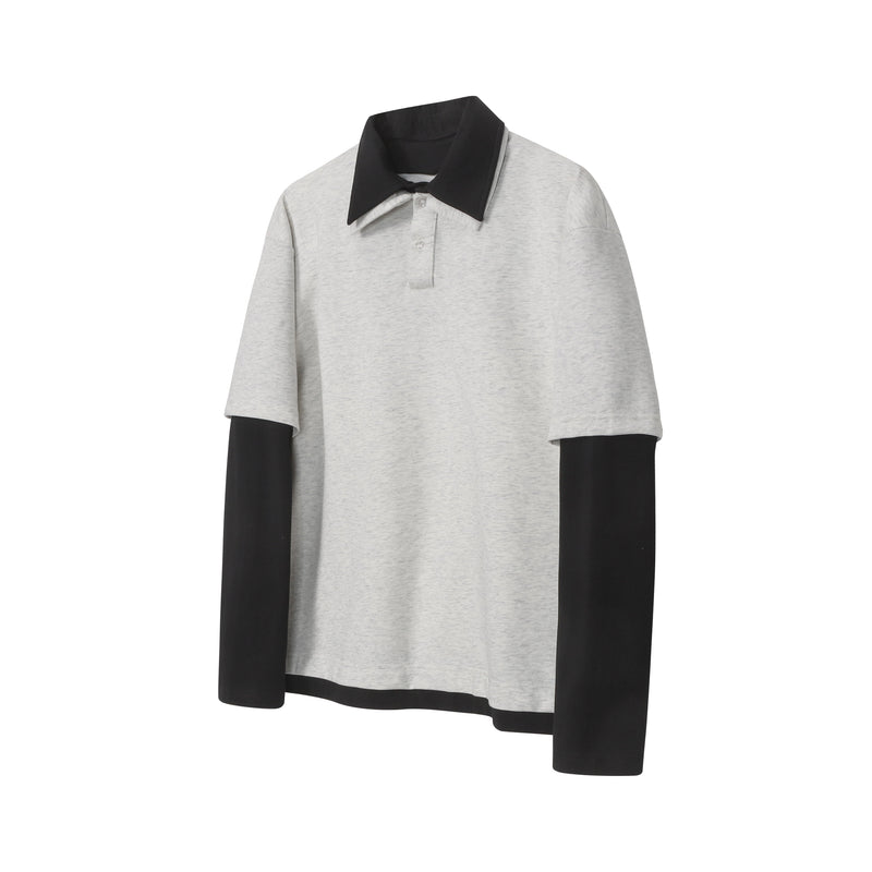 Light gray layered polo long sleeve tee with black collar and black underlayer, front view