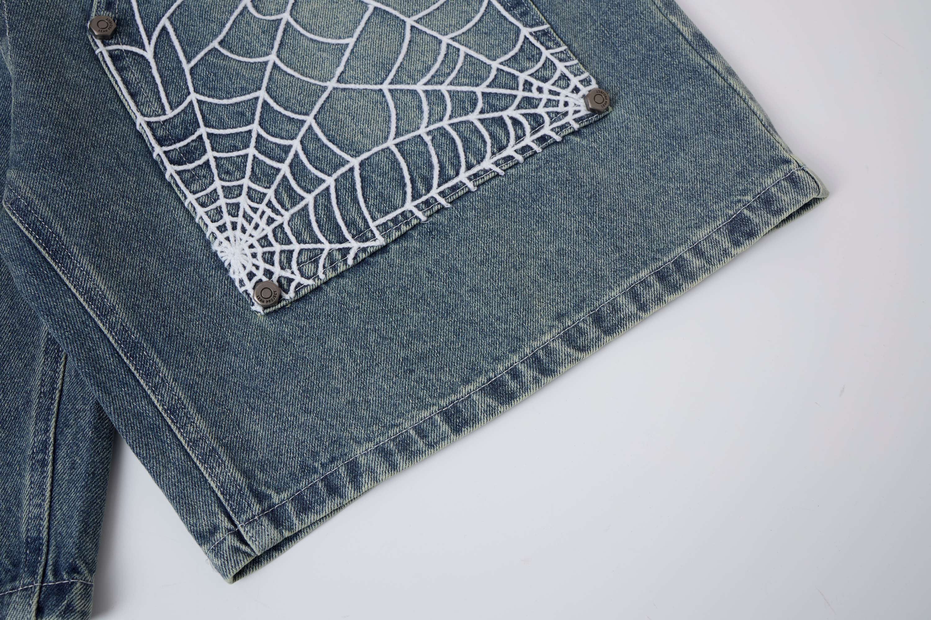 Spiderweb Panel Strap Denim Shorts | Washed Black Streetwear