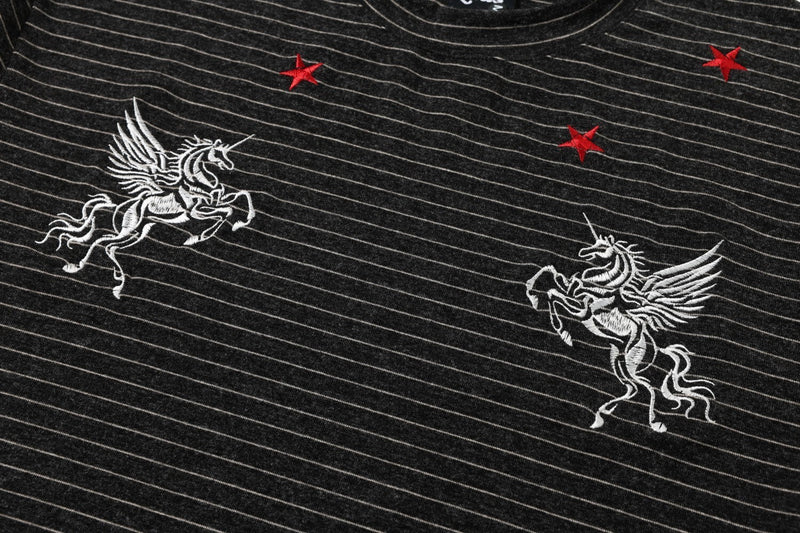 Black striped streetwear tee with embroidered white pegasus motifs and red star accents