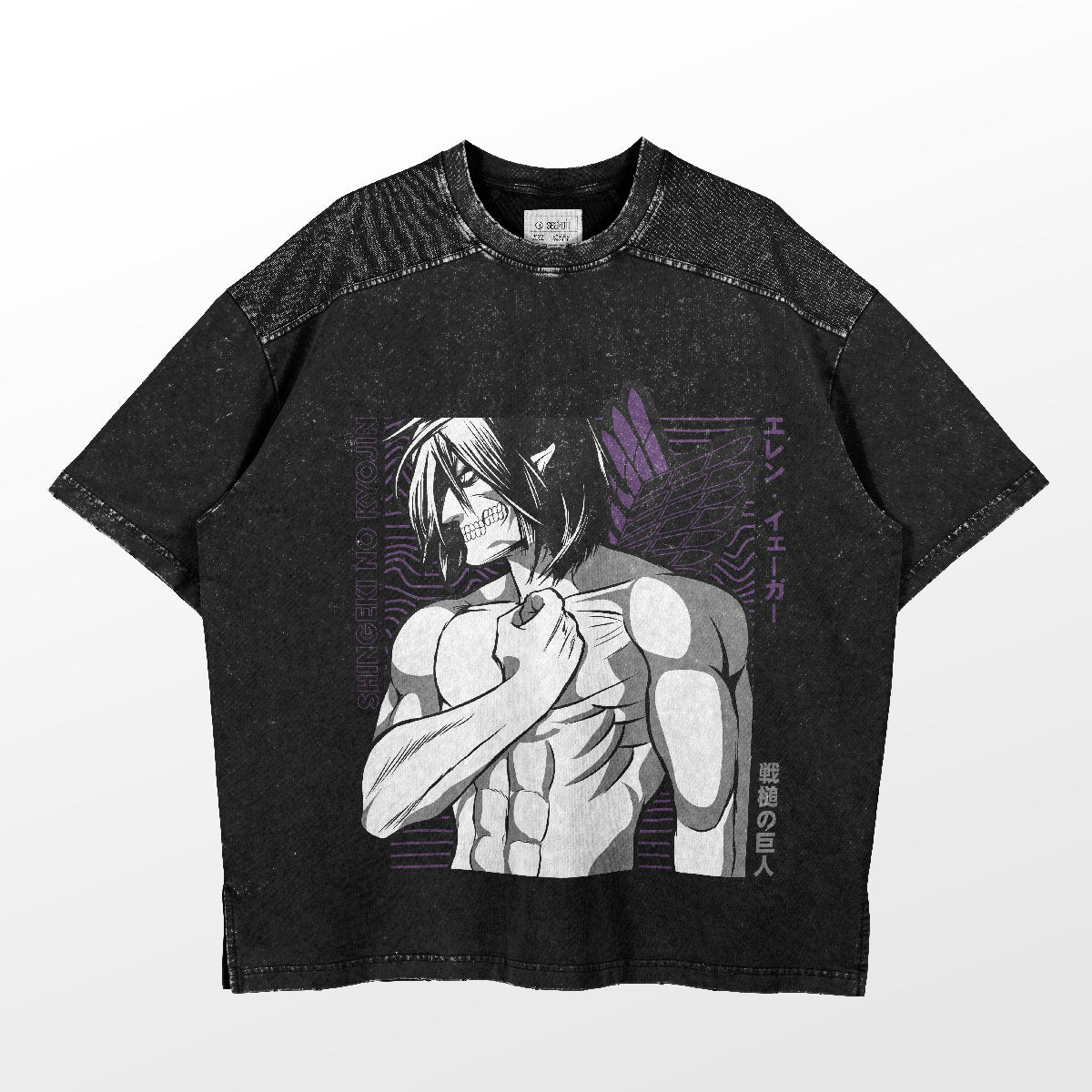 The Eren Yeager Titan Transformation T-Shirt by Attack on Titan features a black design with a graphic of a muscular, long-haired animated character, reminiscent of an Eren transformation. It includes Japanese text for a casual, worn look and comes with short sleeves.