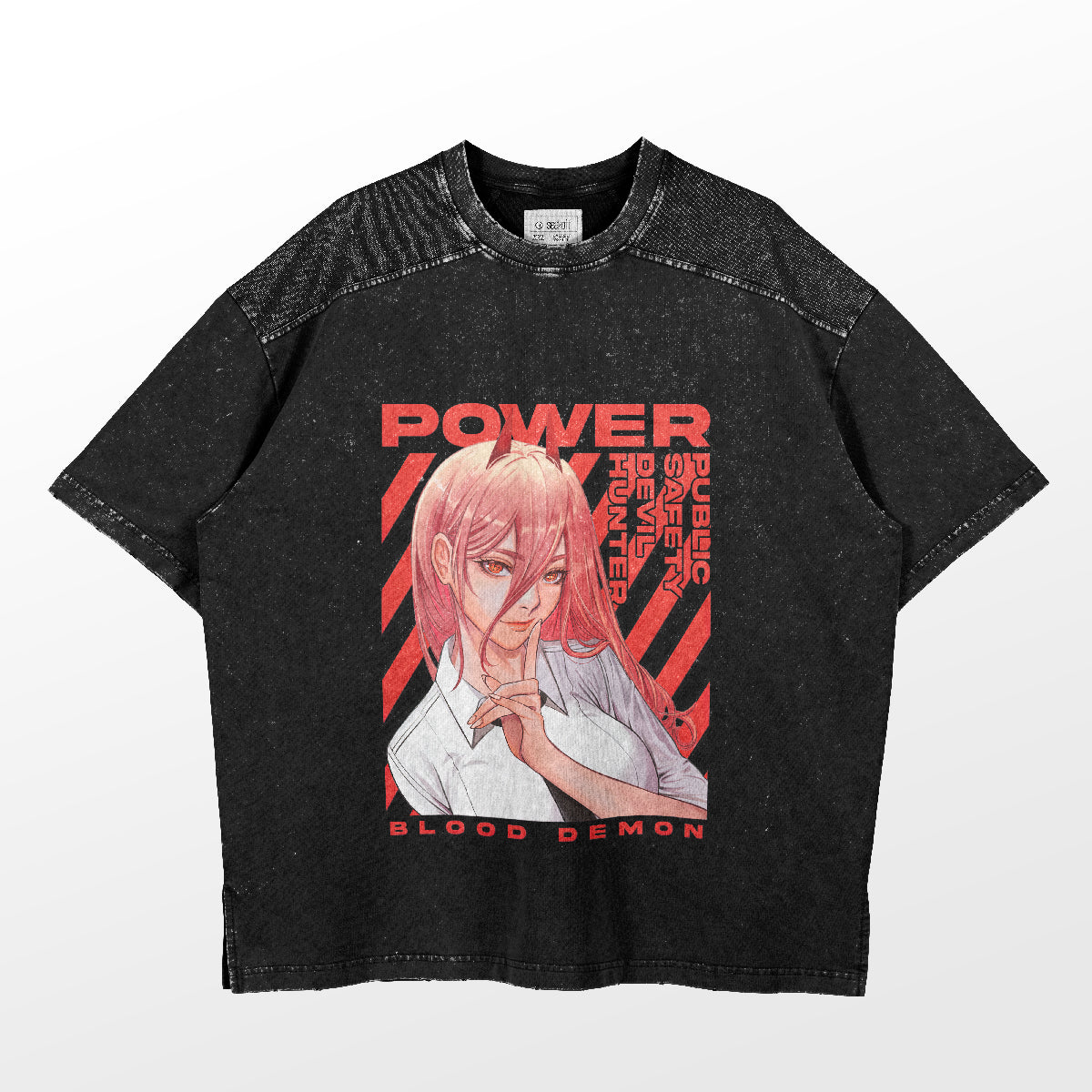 The Chainsaw Man Power Blood Demon T-Shirt features a black design with an anime character with long pink hair, plus "POWER BLOOD DEMON" and "PUBLIC SAFETY DEVIL HUNTER" in red and white. This 100% cotton anime shirt is perfect for any fan's collection.