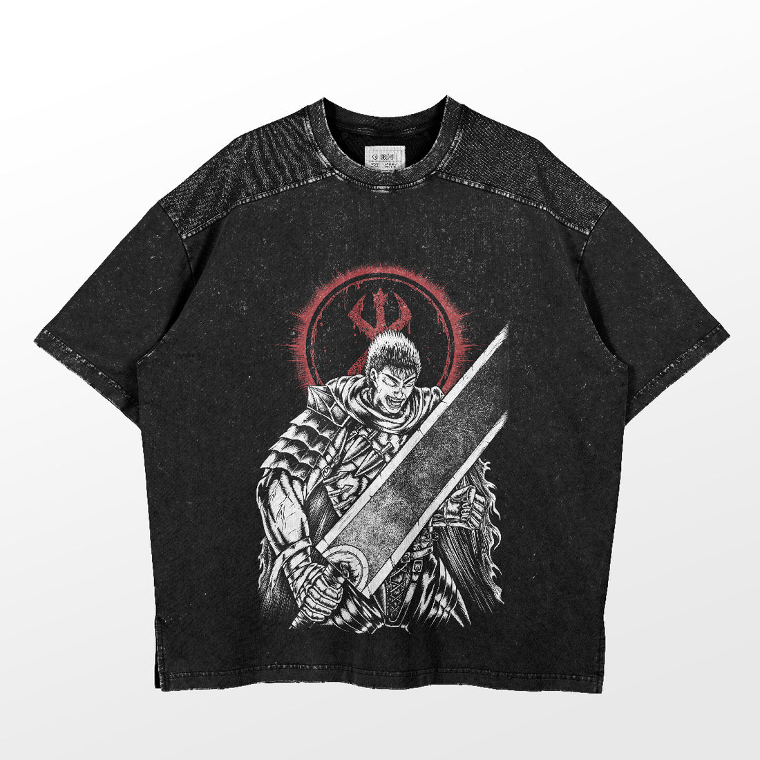 A washed black oversized T-shirt from Berserk features the Guts &quot;Dragonslayer Rage&quot; design, depicting an armored warrior with the iconic sword and a red three-pronged symbol. The mottled texture captures the dark essence of Berserk&