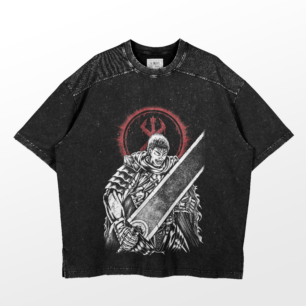 A washed black oversized T-shirt from Berserk features the Guts "Dragonslayer Rage" design, depicting an armored warrior with the iconic sword and a red three-pronged symbol. The mottled texture captures the dark essence of Berserk's artwork.