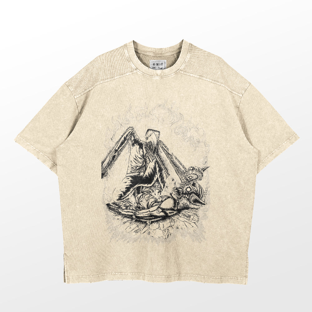 The Chainsaw Man Chainsaw Warrior Washed Vintage T-Shirt, crafted from 260 GSM high-quality cotton, features a beige graphic design of a cloaked figure with a scythe over a mechanical creature in black ink, blending gothic style with vintage streetwear for an edgy anime look.