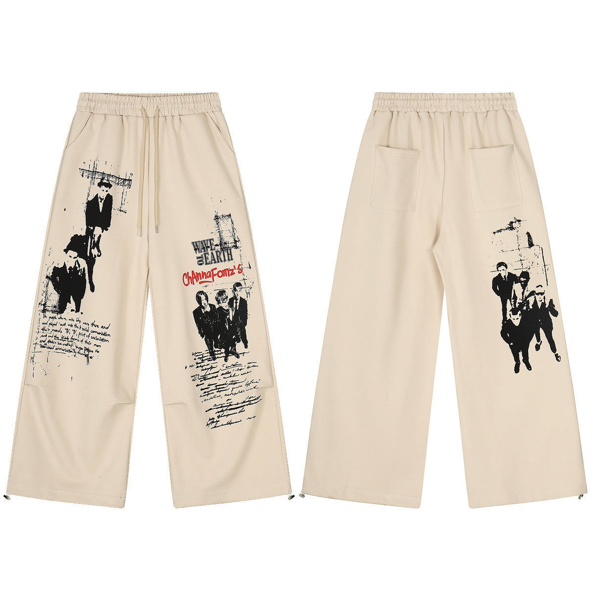 Cream wide-leg pants with black vintage cinema graphic prints and red text, shown front and back on white background