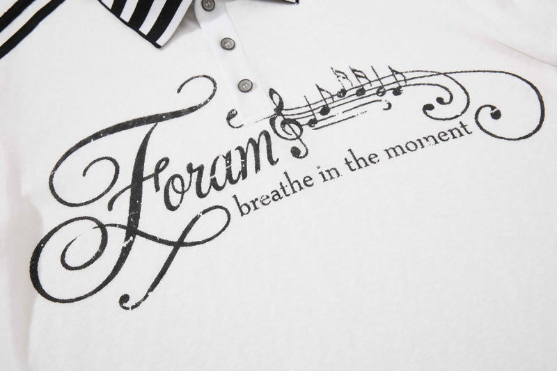 White polo shirt with black striped collar and musical script graphic reading Form on the chest