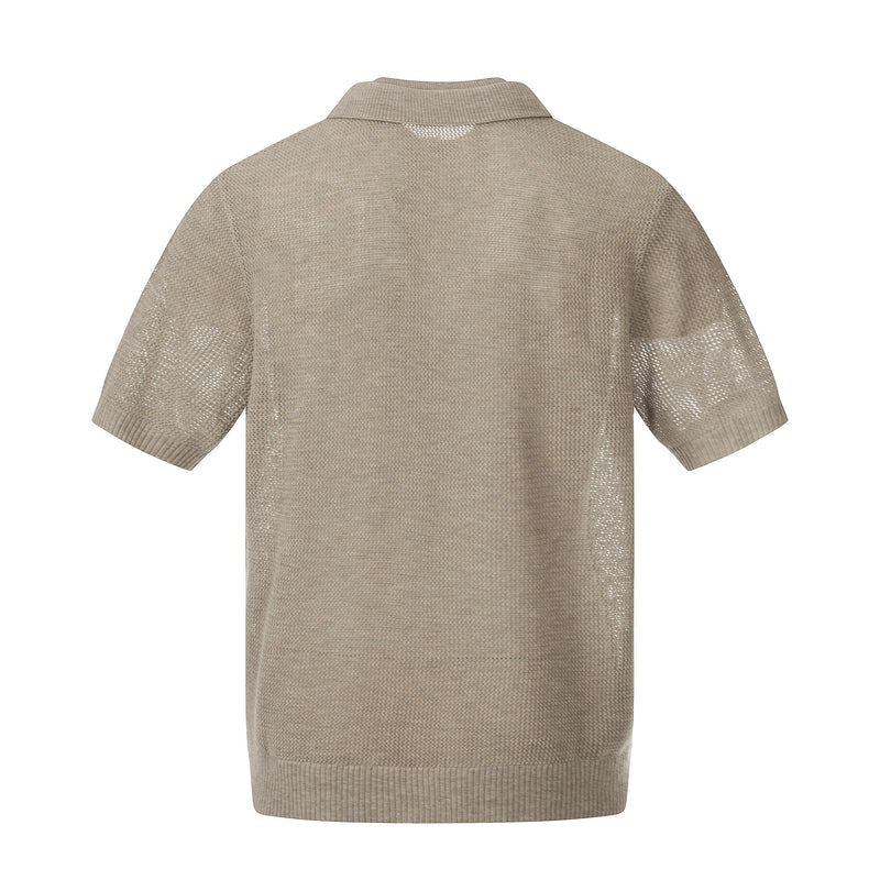 Beige open knit men's polo shirt with short sleeves and breathable textured cotton fabric, back view on white background