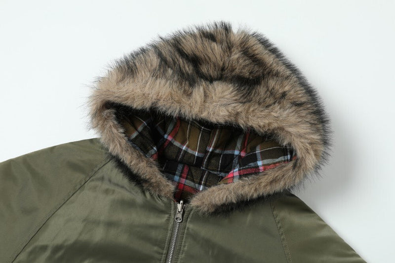 Reversible Plaid Faux Fur Hooded Bomber Jacket | Military Green