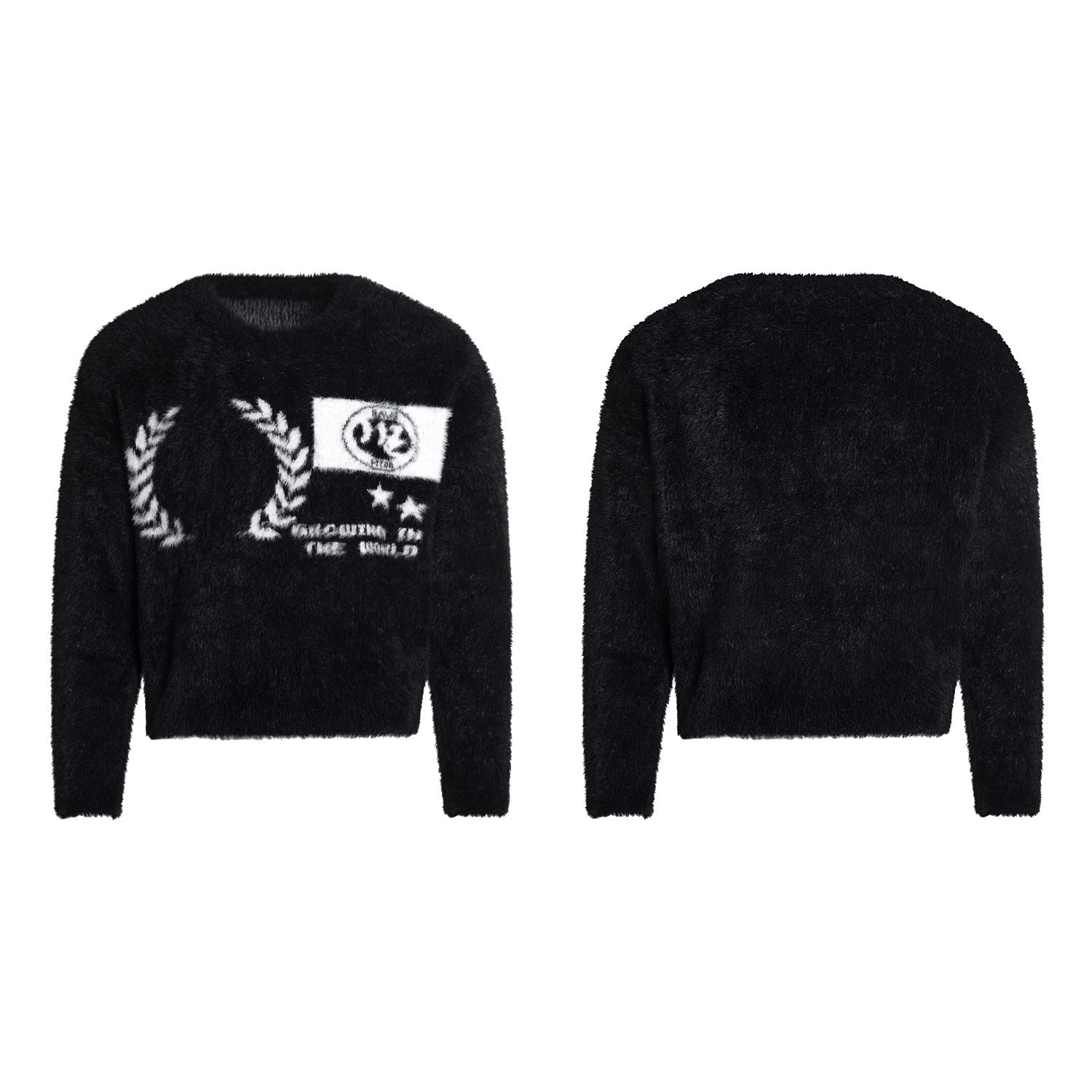 Black fluffy knit sweater with white jacquard laurel crest and Conquer The World slogan, front and back view