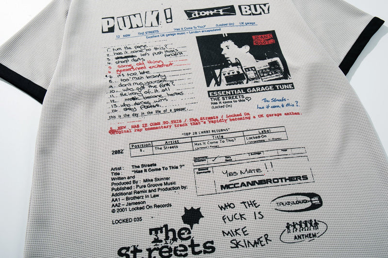 Punk-inspired graphic T-shirt with editorial collage print, bold text details, and retro black-and-white streetwear style