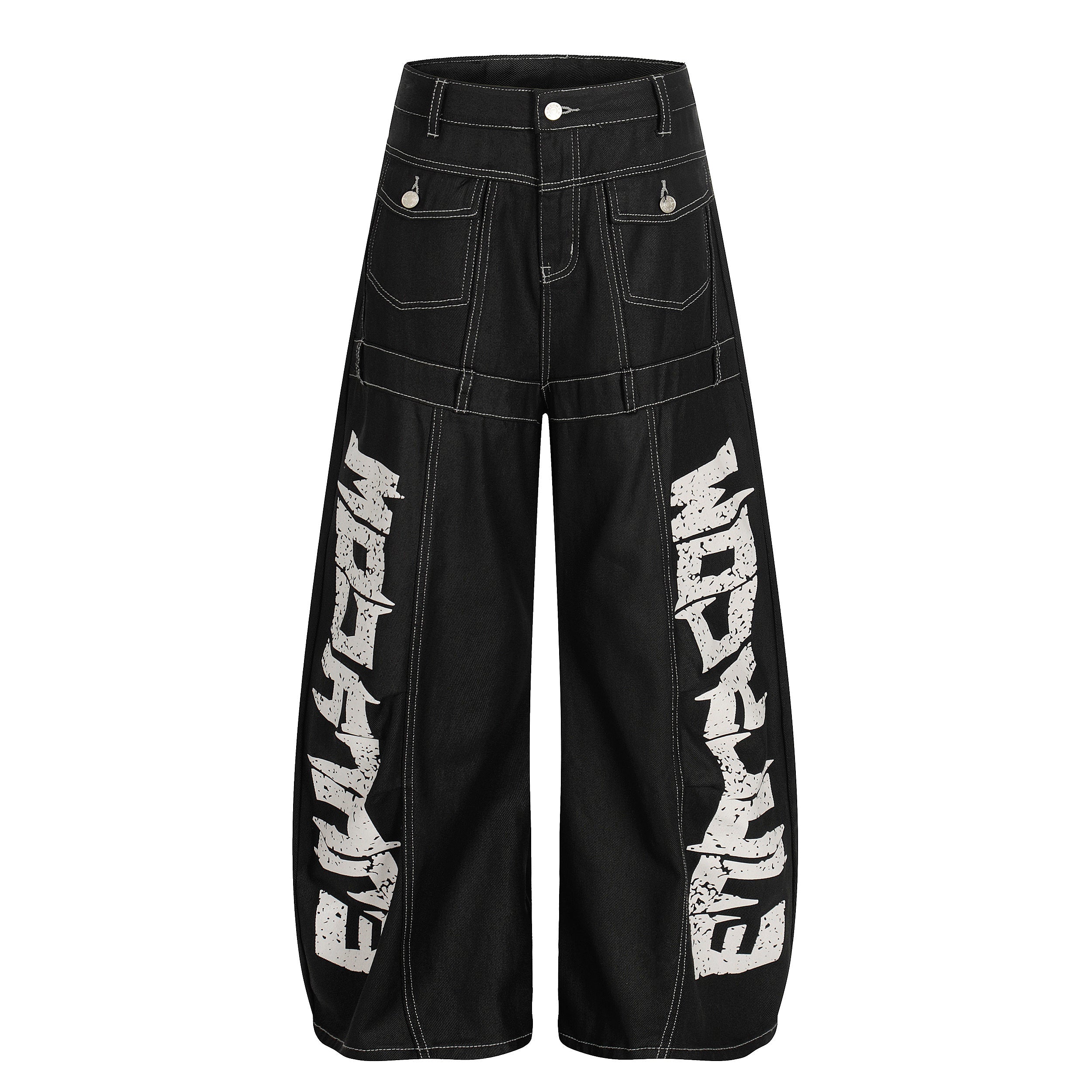 Omirad Graffiti Print Contrast Stitch Wide Leg Denim Pants