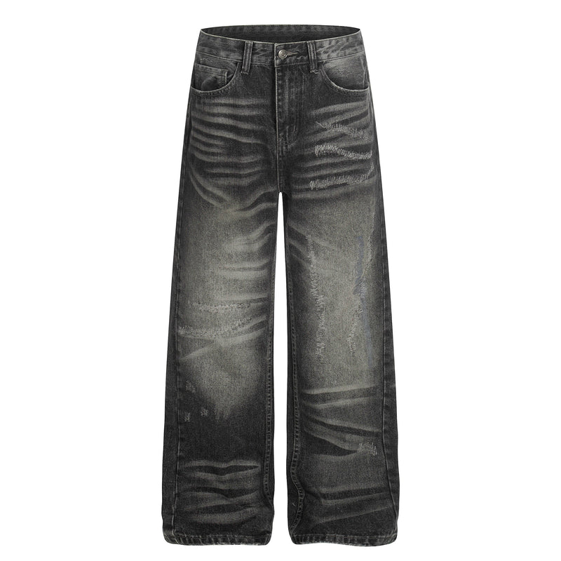 Straight front view of black washed wide-leg jeans with five pockets and distressed markings