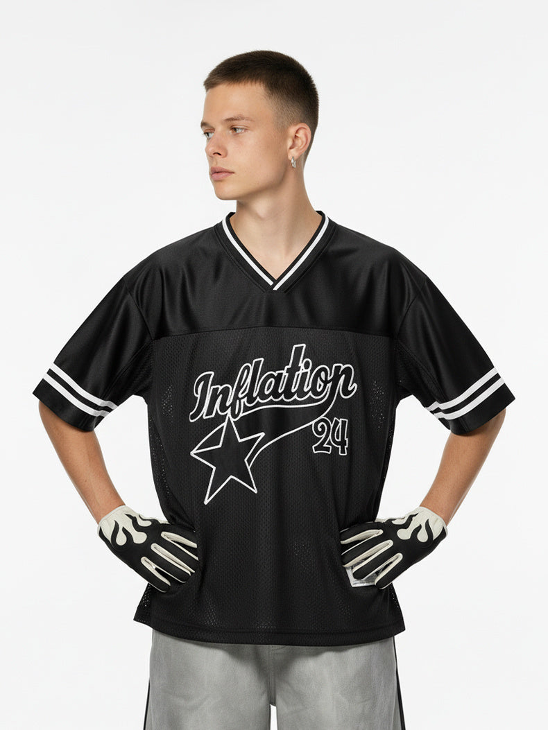 Black mesh varsity jersey with white striped trim, star graphic, and Inflation 24 logo on the front