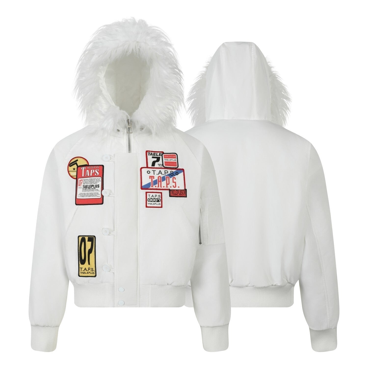 Faux Fur Hooded Bomber Jacket with Badge Patches | SEAKOFF
