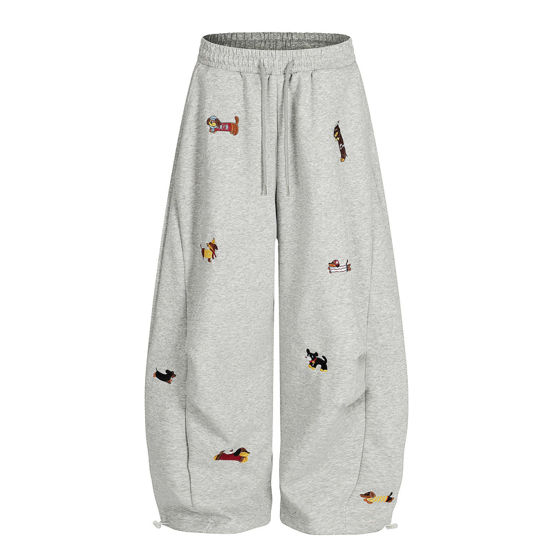 Embroidered Dog Motif Wide-Leg Sweatpants | Omirad