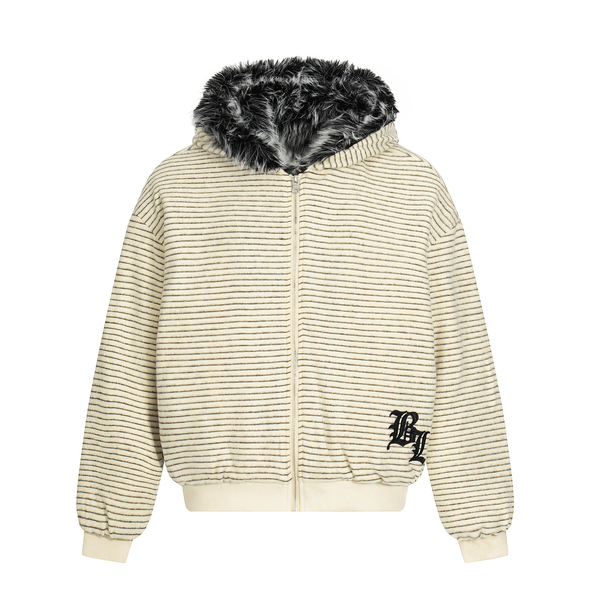 Faux-Fur Lined Striped Zip-Up Hoodie Jacket | SEAKOFF