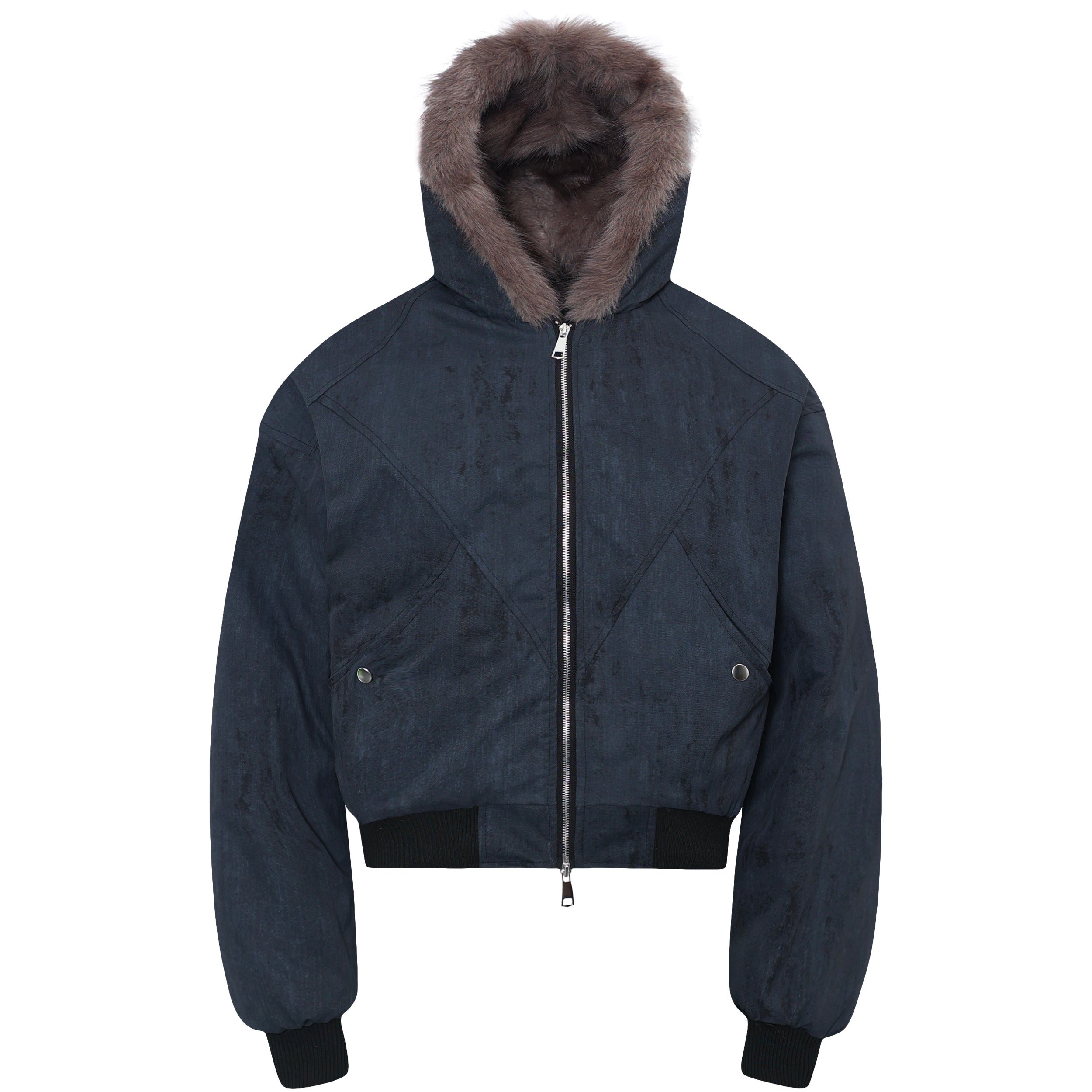 Navy cropped bomber jacket with grey fur-lined hood, X-panel seam construction and full front zip, front view