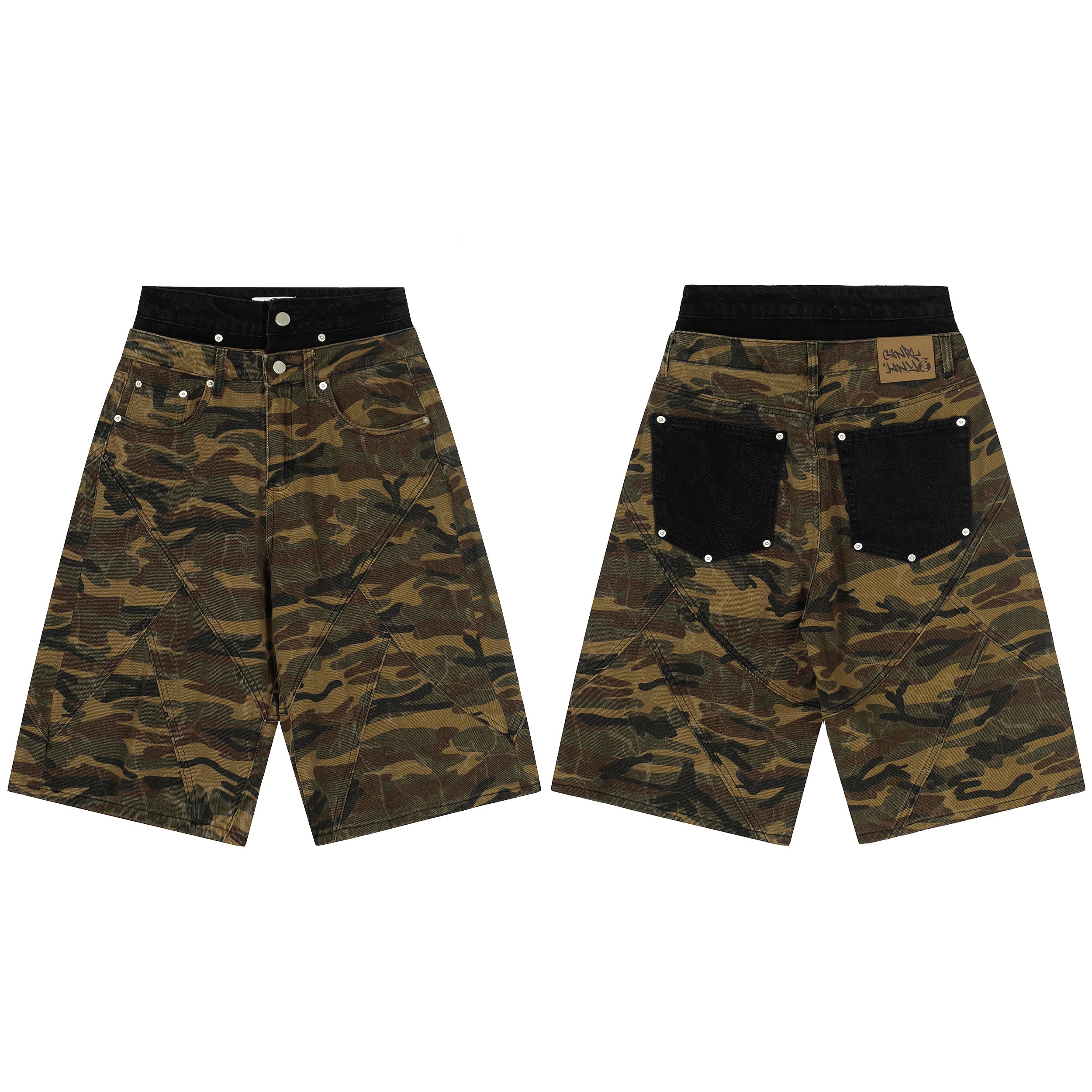 Front and back view of wide-leg camouflage cargo shorts with contrast black waistband and riveted back pocket