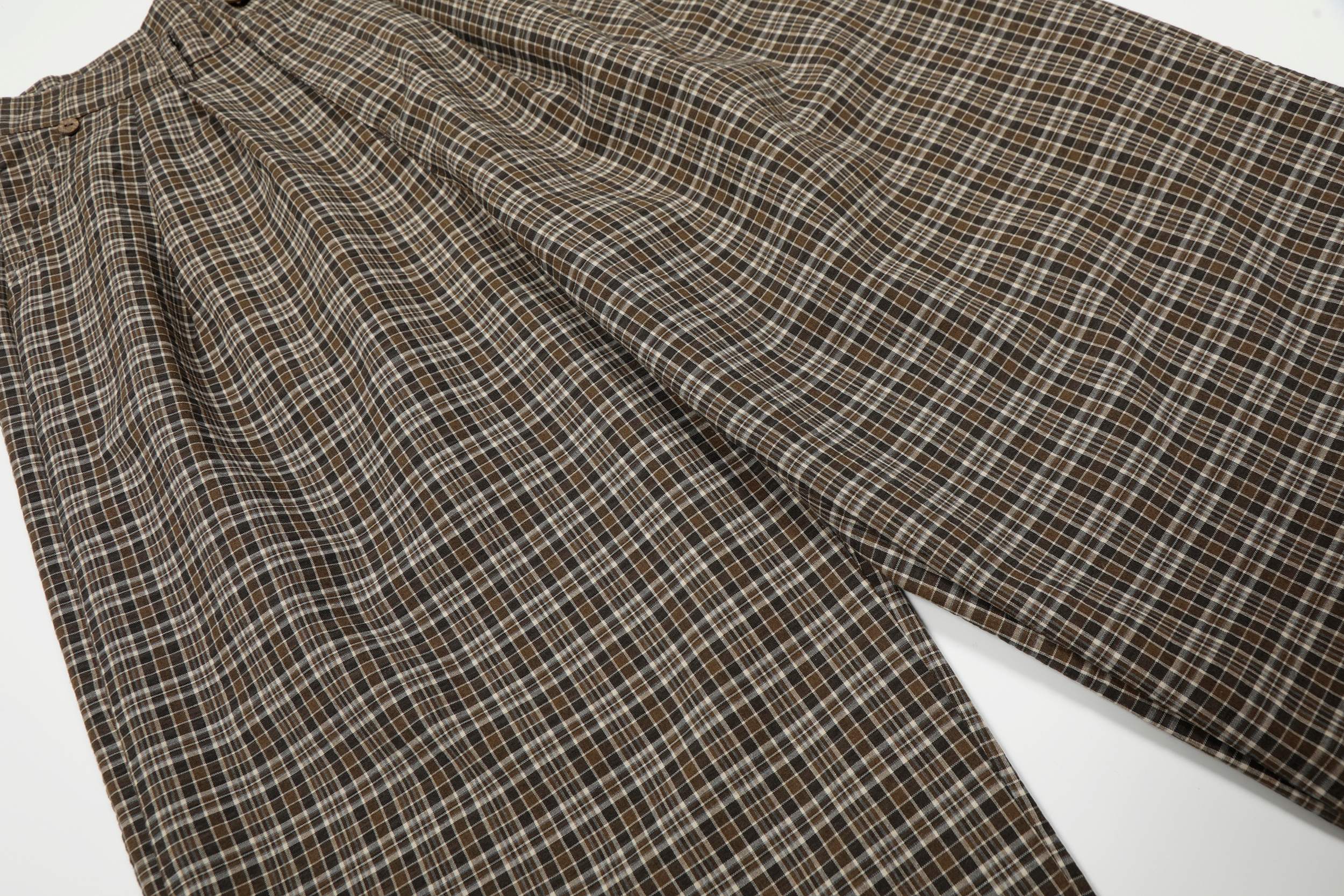 Vintage Plaid Wide-Leg Pants | 100% Cotton Pleated Trousers