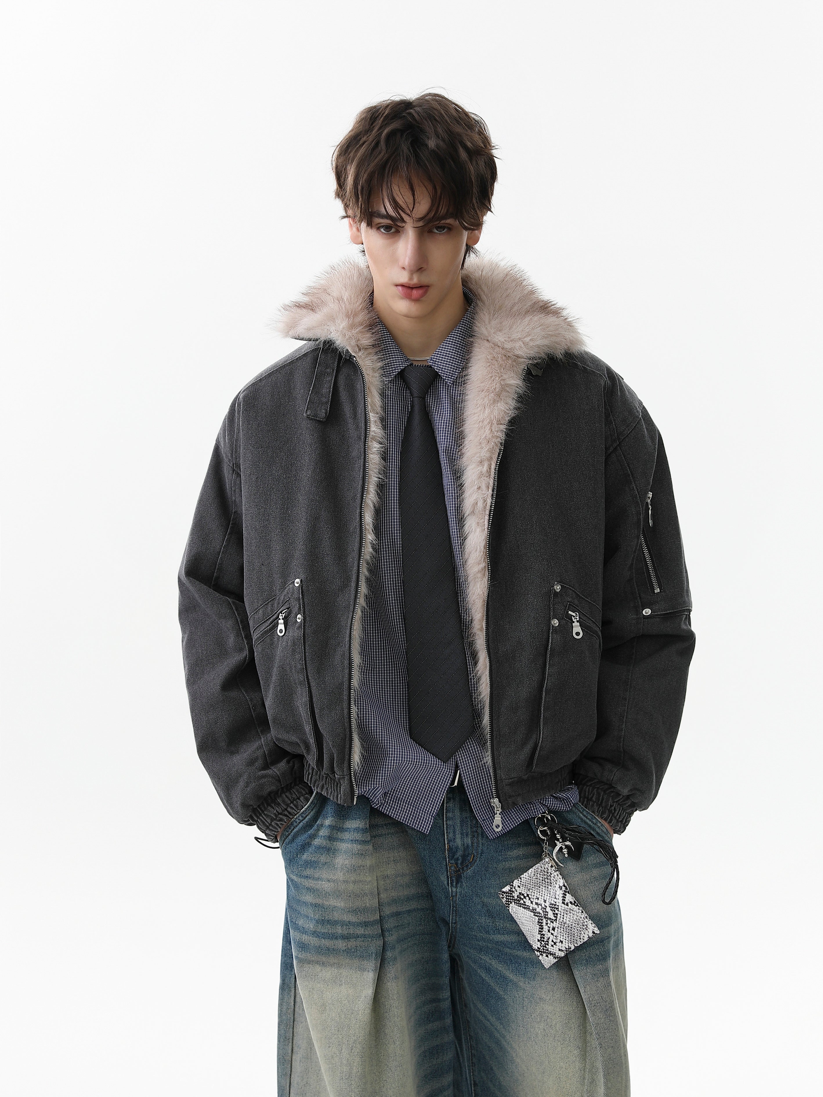 Fleece-Lined Utility Bomber Jacket | Faux-Fur Collar