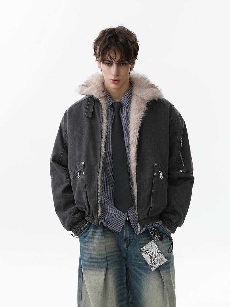 Fleece-Lined Utility Bomber Jacket | Faux-Fur Collar