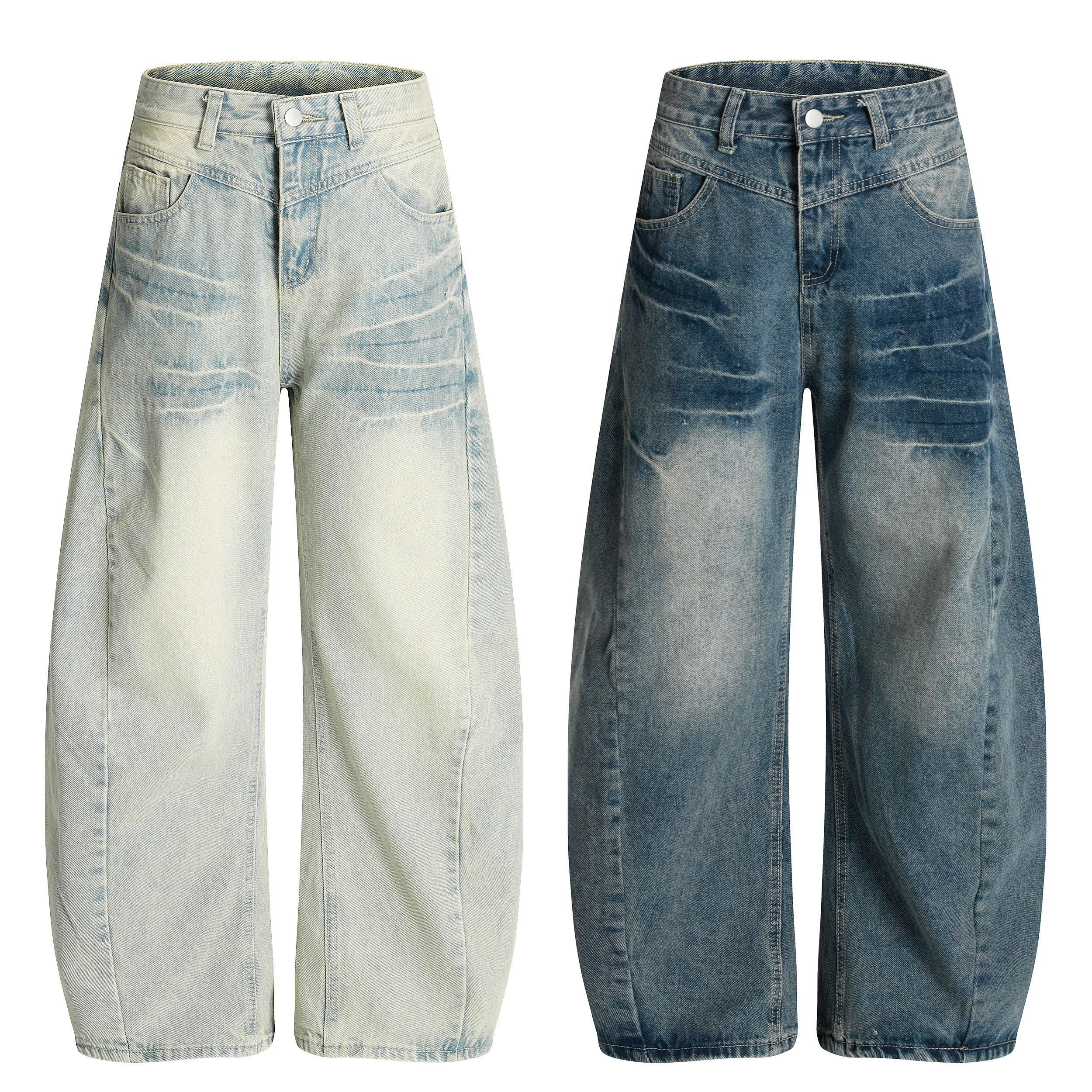 Omirad creased-wash balloon jeans in light blue and deep blue, wide-leg silhouette with vintage fading, front view