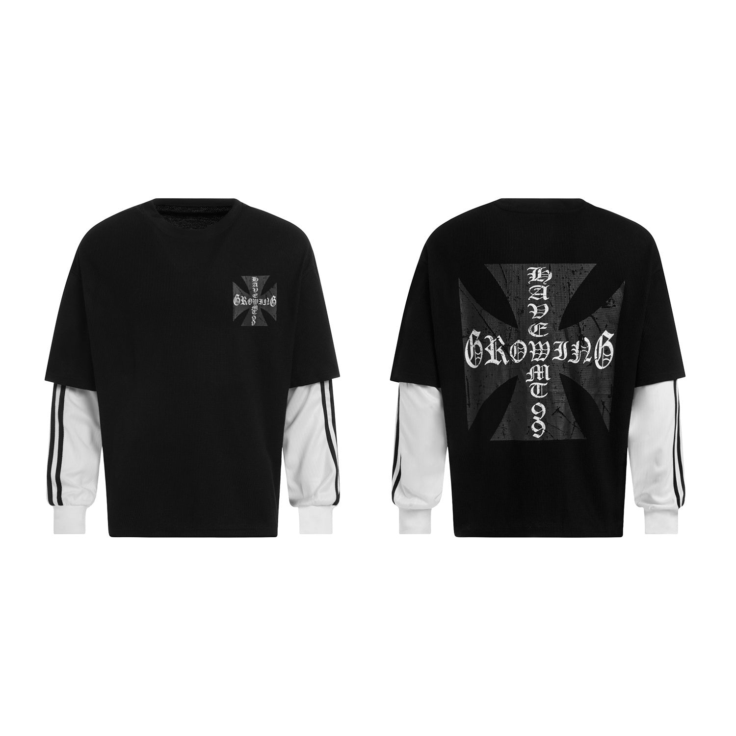 Black layered gothic cross long sleeve tee showing front chest graphic and white contrast stripe sleeves, front and back view