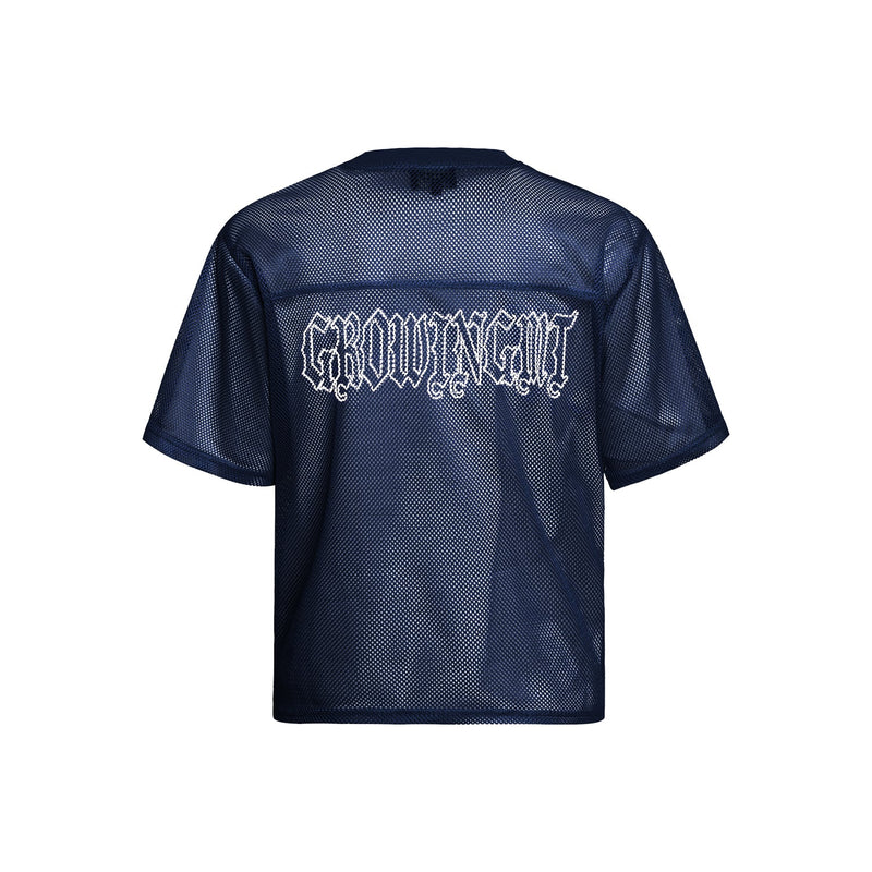 Navy mesh jersey tee with Gothic GROWINGKIT lettering on the back, short sleeves and streetwear style