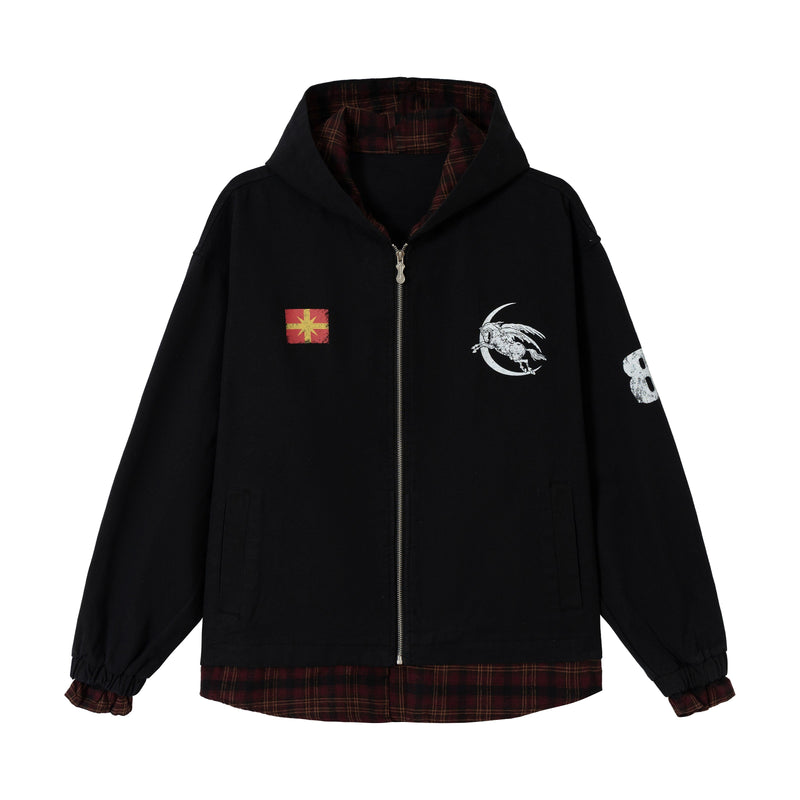 Black zip hoodie with hood up, red plaid lining, front graphic prints, and plaid hem