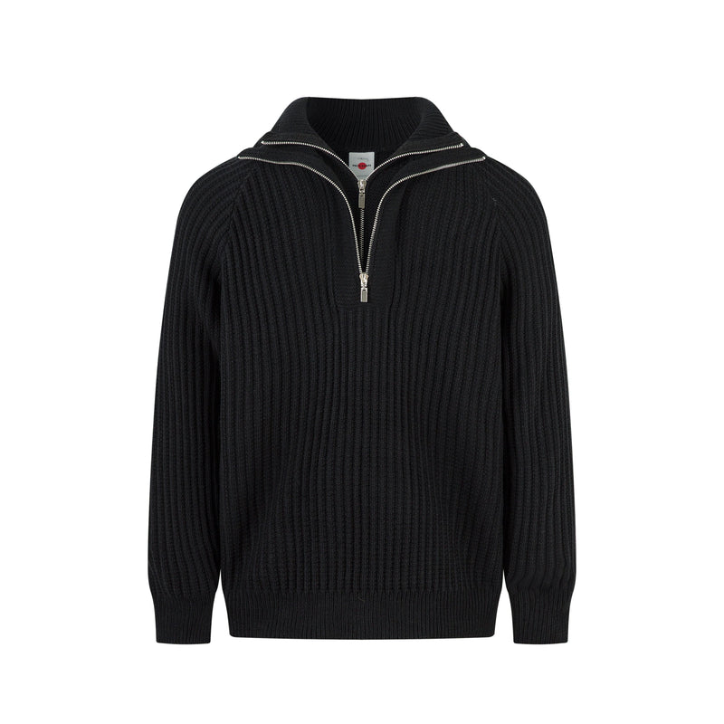 Front view of black ribbed knit sweater with open half-zip collar and ribbed texture