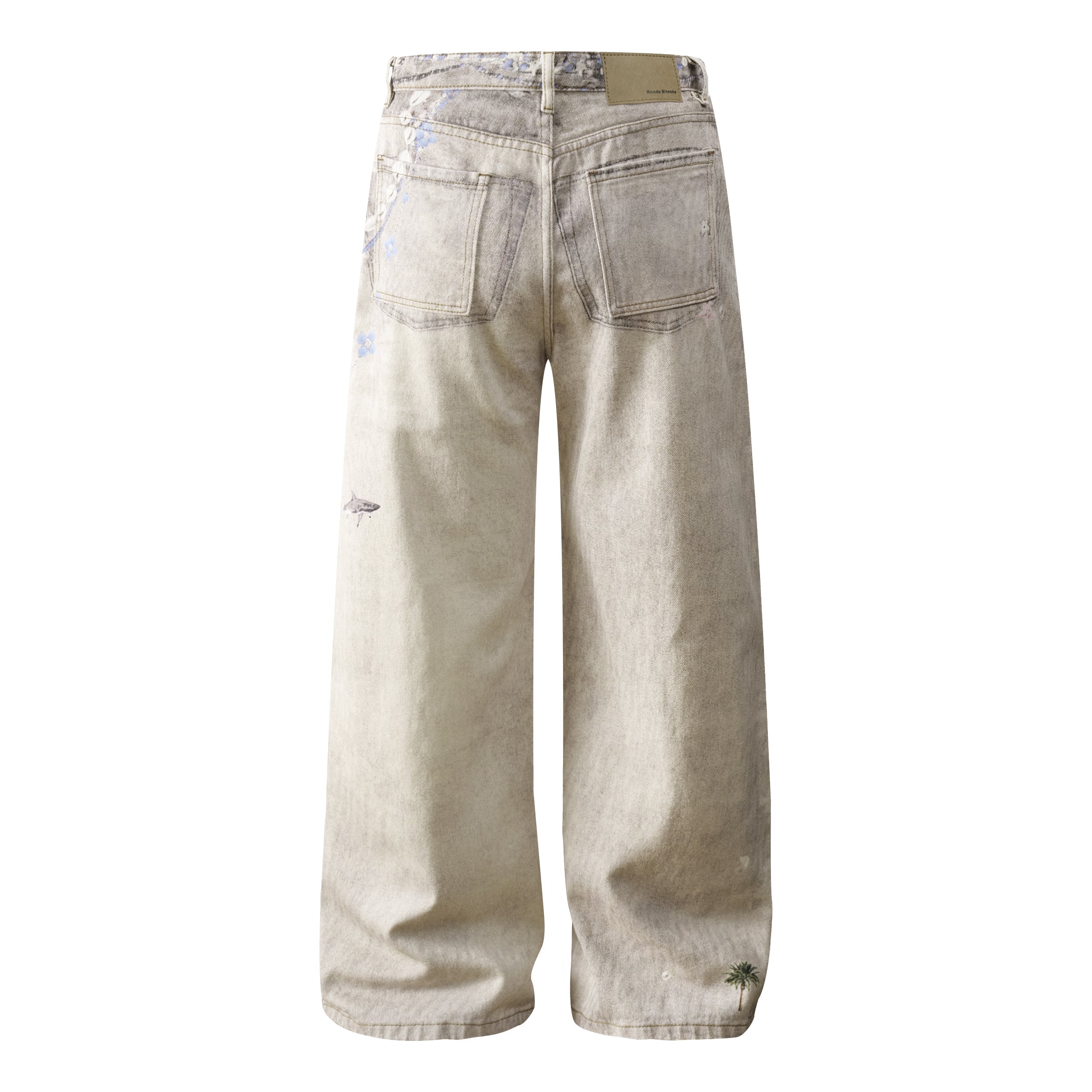 Washed Botanical Print Wide-Leg Jeans | Omirad