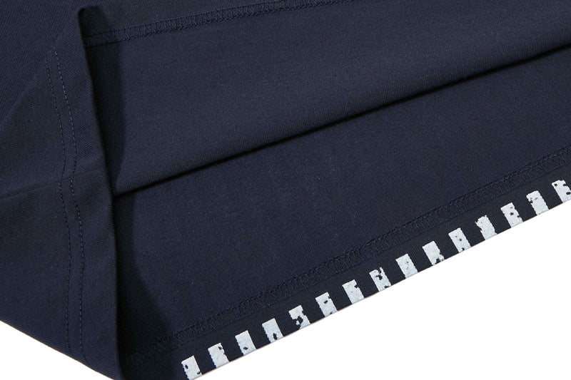 Navy sport tee with diagonal white stripe graphic and visible stitched hem detail