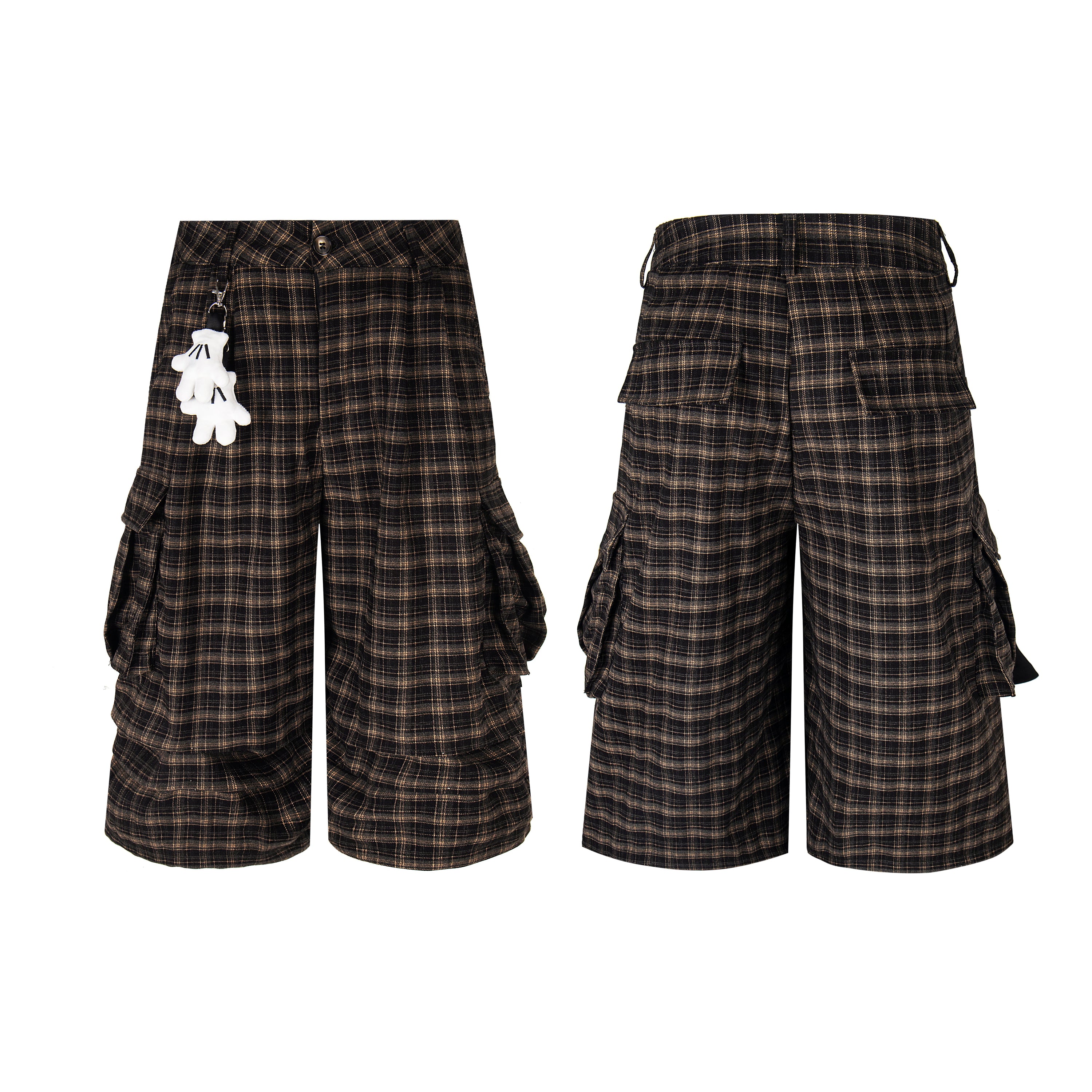 Front and back view of dark brown plaid cargo shorts with oversized 3D pockets and detachable hand charm keychain