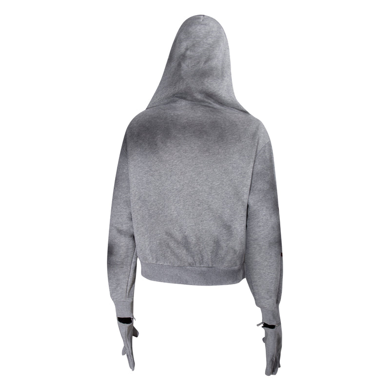Gray hoodie back view with attached mask and long sleeves with thumb holes