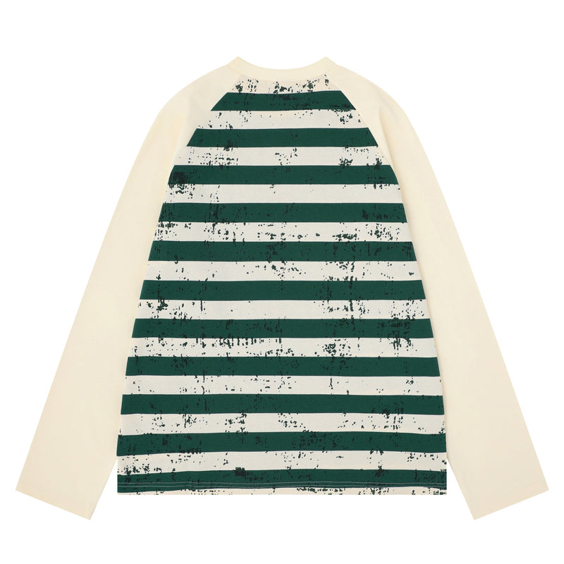 Back view of cream raglan long sleeve tee with dark green striped body and sleeves