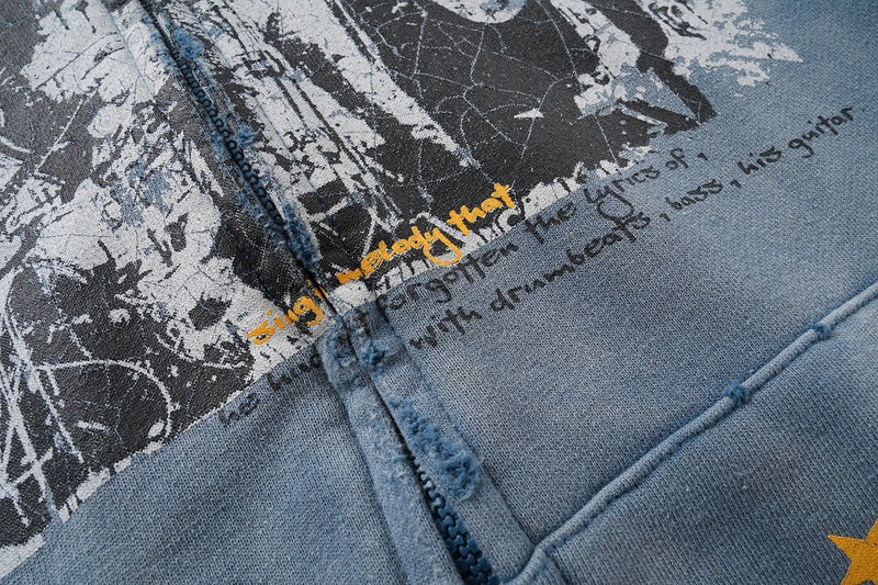 Close-up of front graphic and zipper with distressed black and yellow print