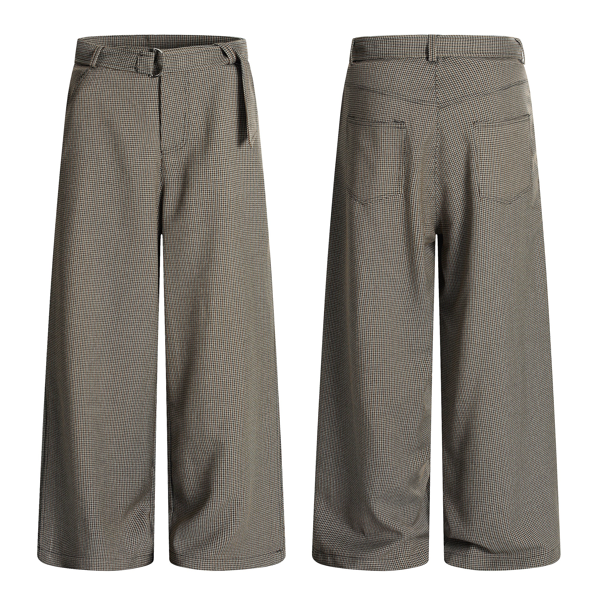 Front and back view of wide-leg micro-houndstooth check belted trousers in olive brown on white background