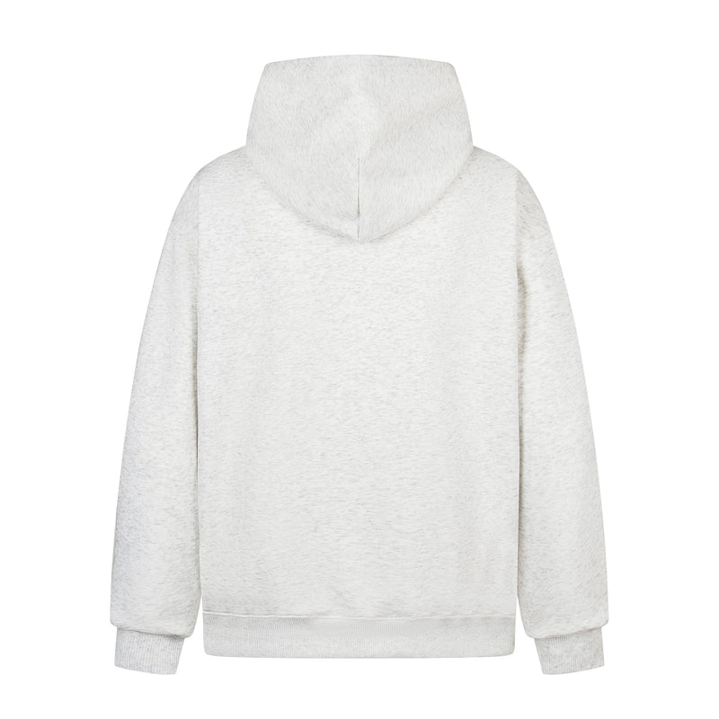 White hoodie back view, plain with hood and ribbed hem